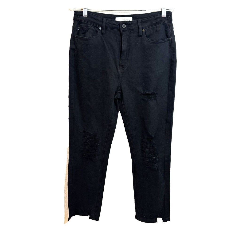 Kancan Womens 11/30 Haven Ultra High Rise Slim Straight Jeans‎ Black Distressed